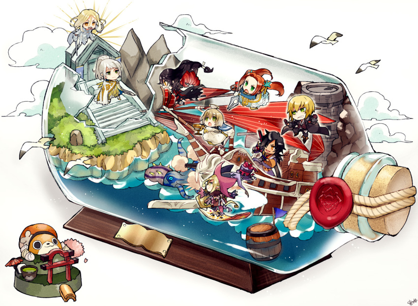 3girls, 5boys, ahoge, artorius_collbrande, barrel, bienfu_(tales), bird, black_coat
