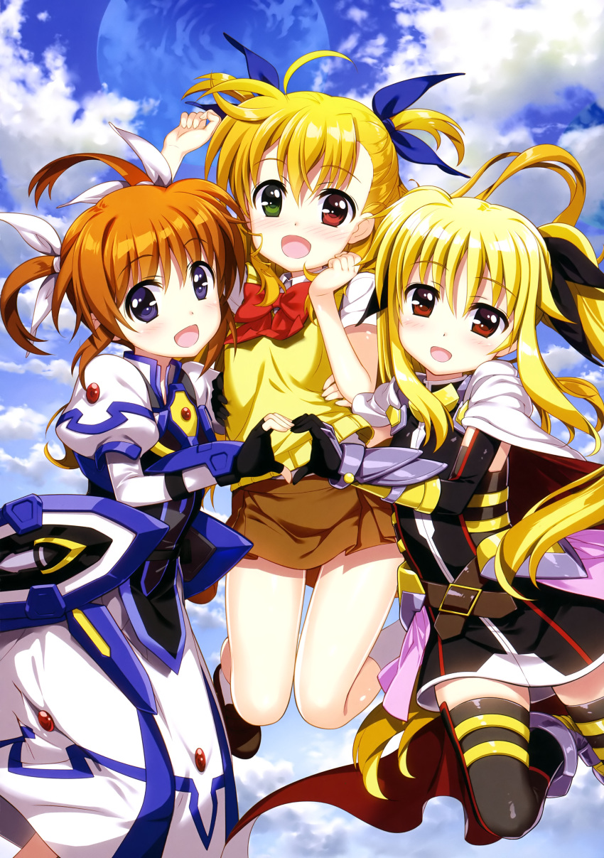 3girls, :d, absurdres, ahoge, airborne, arm_up, armor, armored_boots