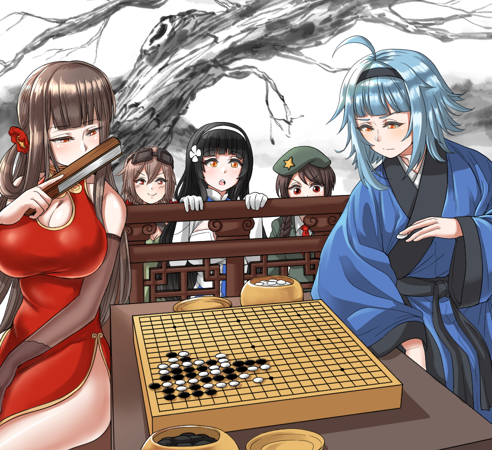 ahoge, bangs, bare_shoulders, beret, black_hair, blue_hair, blunt_bangs, blush