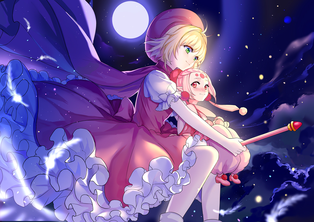 2girls, antenna_hair, blonde_hair, blush, cape, card_captor_sakura, closed_mouth, clouds, dress, facial_mark, forehead_mark, frilled_dress, frills, full_moon, green_eyes, hat, kinomoto_sakura, minigirl, mirror_(xilu4), moon, multiple_girls, night, night_sky, petticoat, pink_cape, pink_dress, pink_hair, pink_hat, pink_skin, power_(clow_card), puffy_pants, puffy_short_sleeves, puffy_sleeves, red_eyes, short_hair, short_sleeves, sky