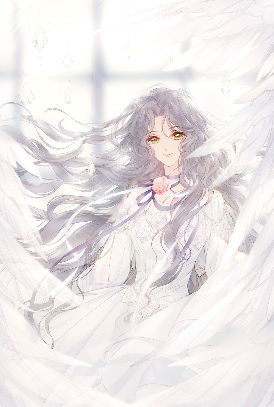 1girl, angel_wings, card_captor_sakura, choker, closed_mouth, crystal, dress, feathered_wings