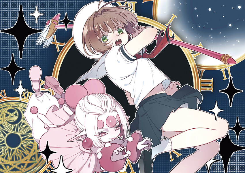 2girls, brown_hair, card_captor_sakura, fuuin_no_tsue, green_eyes, half_updo, hat, kinomoto_sakura, magic_circle, multiple_girls, no_nose, open_mouth, outstretched_hand, pink_eyes, pink_footwear, pointy_ears, power_(clow_card), puffy_short_sleeves, puffy_sleeves, school_uniform, serafuku, short_hair, short_sleeves, skirt, wand, white_hair, white_hat, wuliu_heihuo