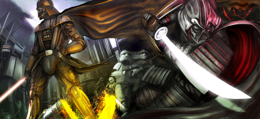 codpiece, darth_vader, energy_sword, epic, helmet, highres, kabuto, kashiwazaki_hiroshi, katana, lightsaber, making_of, samurai, sode, star_wars, stormtrooper, sword, volcano, weapon
