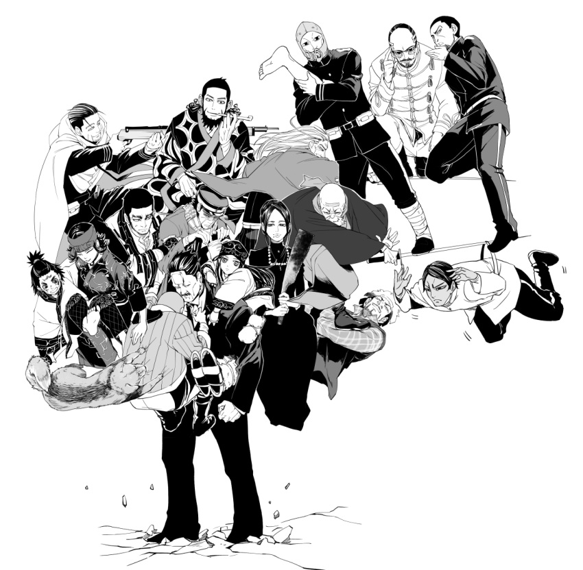 2girls, 6+boys, ainu, ainu_clothes, ash_tame, asirpa, bald, bandanna