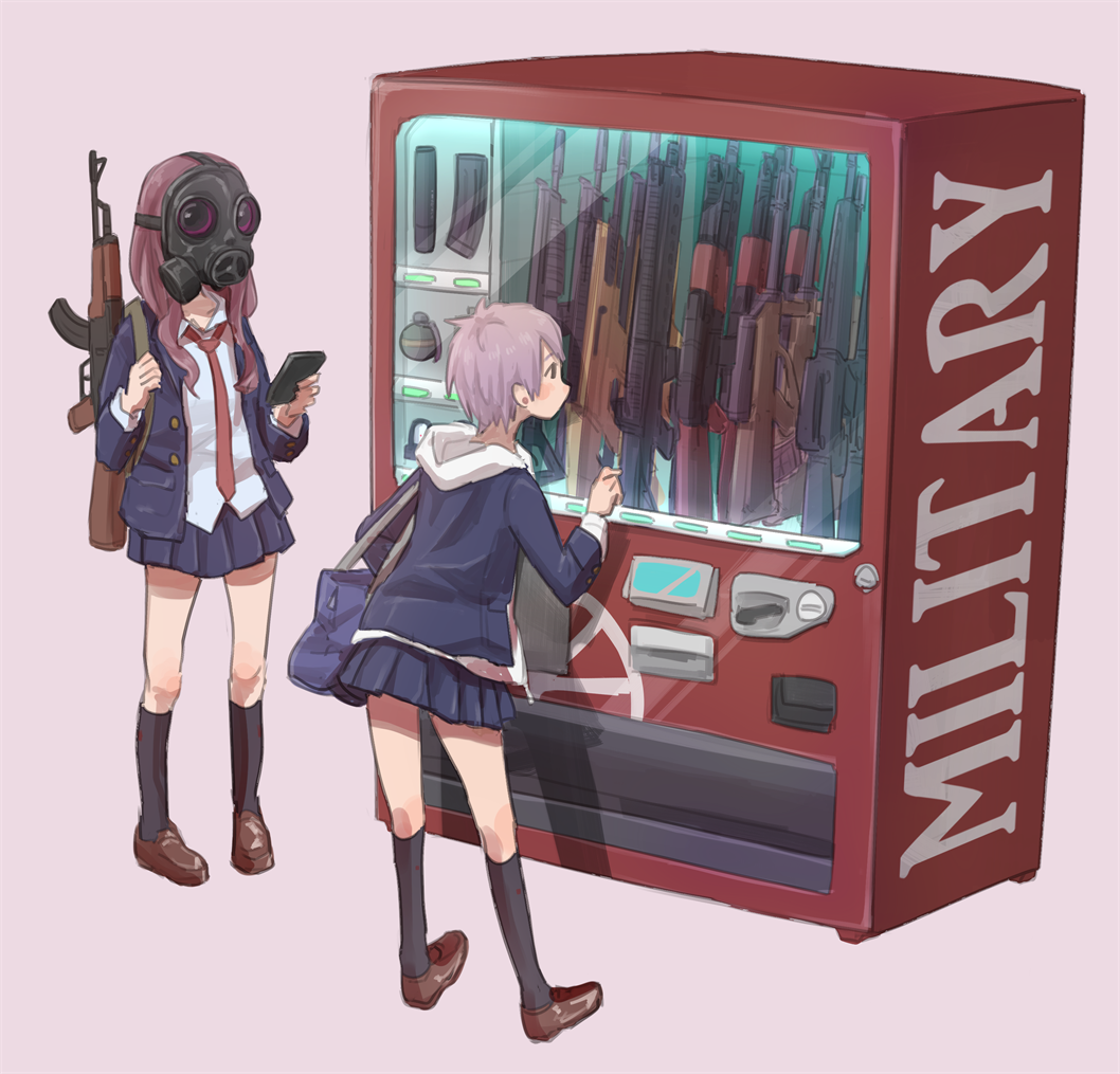 2girls, ak-47, assault_rifle, bag, bullpup, cellphone, earrings, explosive, fn_scar, gas_mask, grenade, gun, jewelry, long_hair, m4_carbine, mask, multiple_girls, necktie, original, phone, rifle, school_bag, school_uniform, short_hair, simple_background, smartphone, steyr_aug, suppressor, tabao, vending_machine, weapon