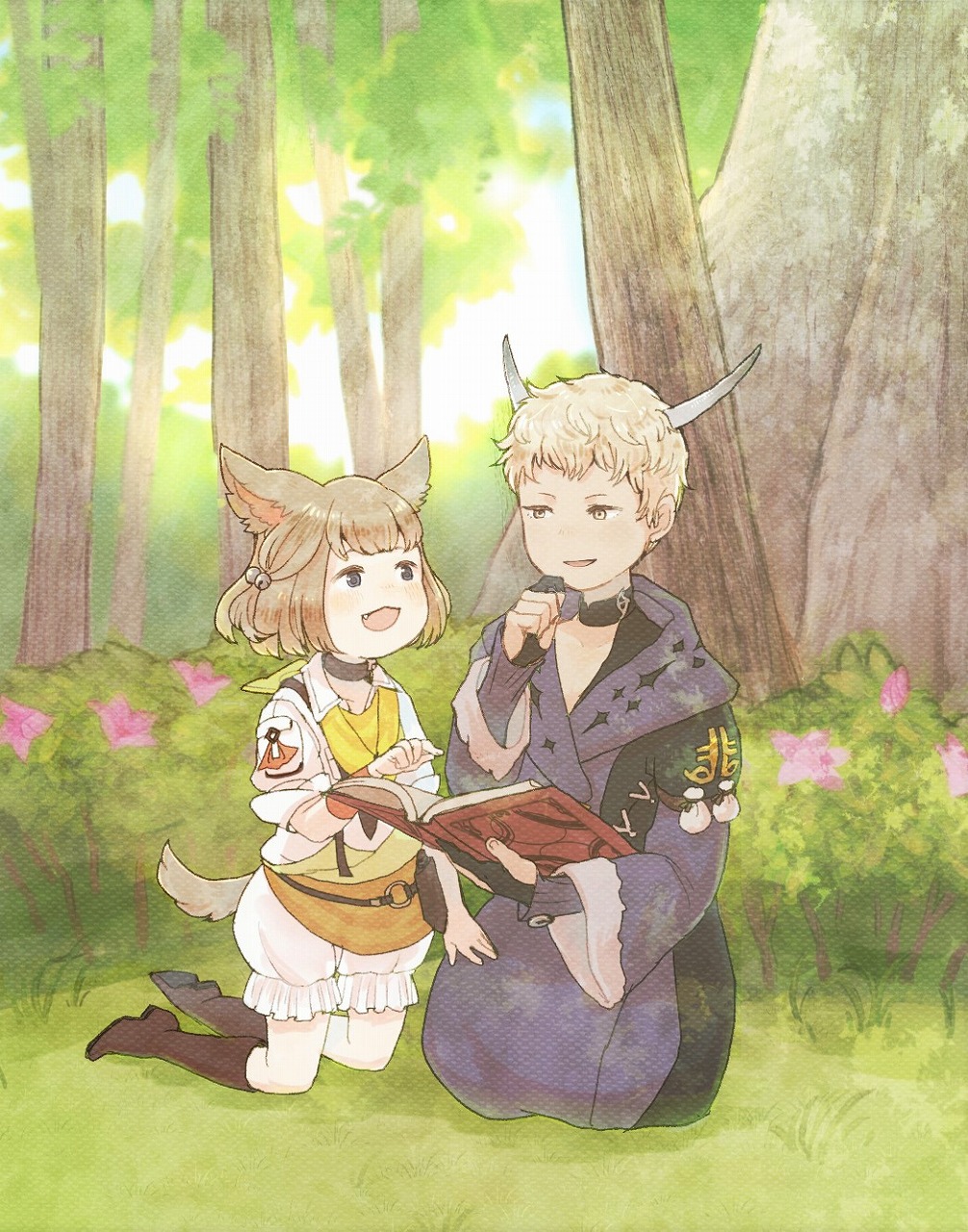 1boy, 1girl, animal_ears, bell, black_eyes, blonde_hair, bloomers, book, brown_hair, cat_ears, cat_tail, choker, e-sumi-yan, fang, final_fantasy, final_fantasy_xiv, forest, hair_bell, hair_ornament, highres, horns, khloe_aliapoh, kneeling, looking_at_another, miqo'te, mozuku_(mozuuru0323), nature, open_book, open_mouth, outdoors, robe, short_hair, tail, underwear, yellow_eyes