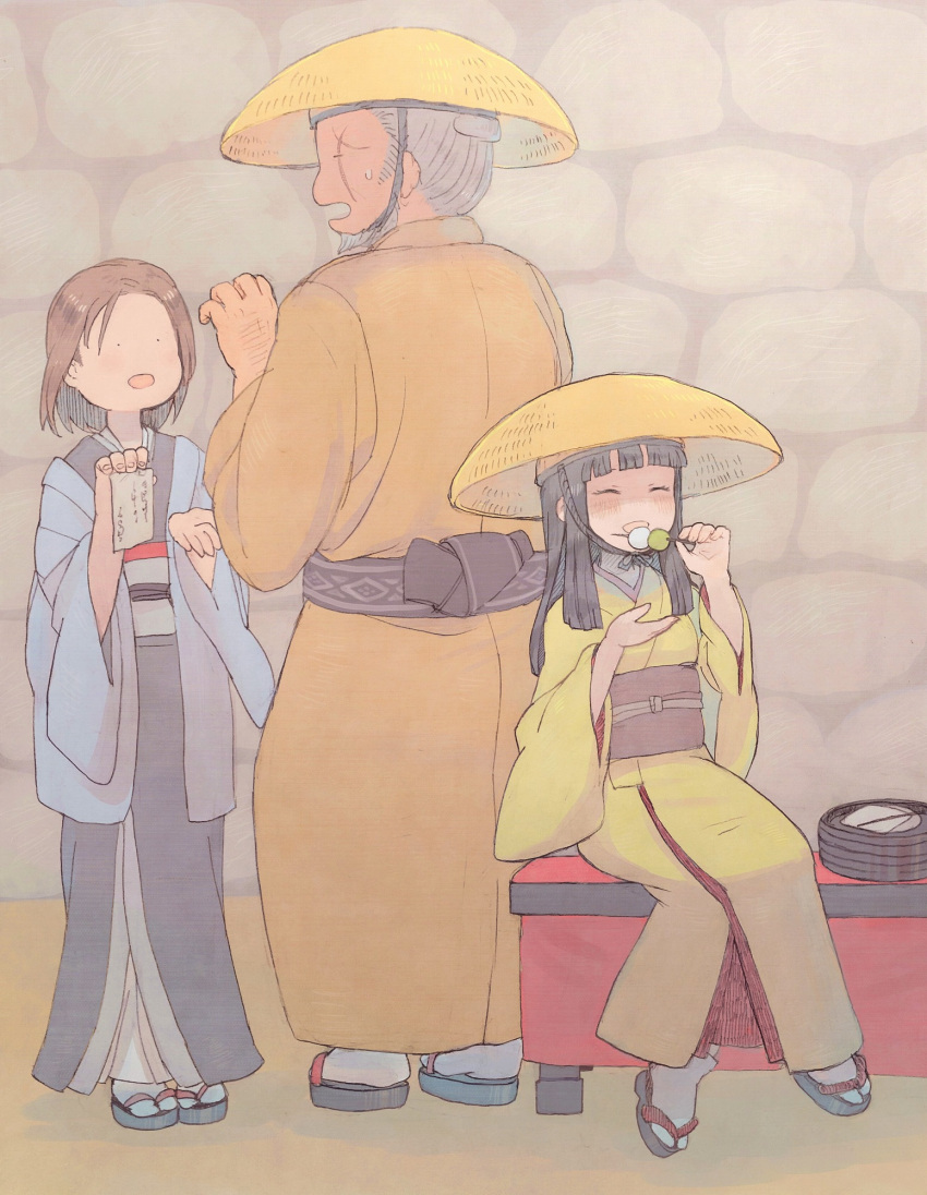 1boy, 2girls, beard, black_hair, brown_eyes, dango, eating, facial_hair, facing_away, final_fantasy, final_fantasy_xiv, food, gosetsu_everfall, grey_hair, hat, highres, hyur, japanese_clothes, kimono, long_hair, mozuku_(mozuuru0323), multiple_girls, obi, plate, plate_stack, receipt, roegadyn, sash, scar, short_hair, surprised, tabi, wagashi, yotsuyu_(ff14)