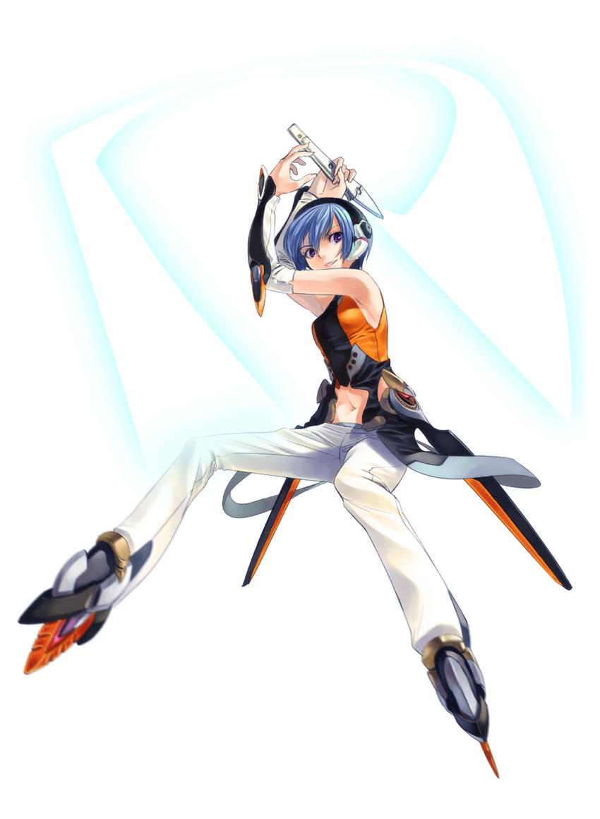 bad_id, blue_hair, bracer, energy_sword, fighting_stance, headgear, highres, navel, original, pants, ptc, purple_eyes, shimotsuki_eight, smile, sword, violet_eyes, weapon