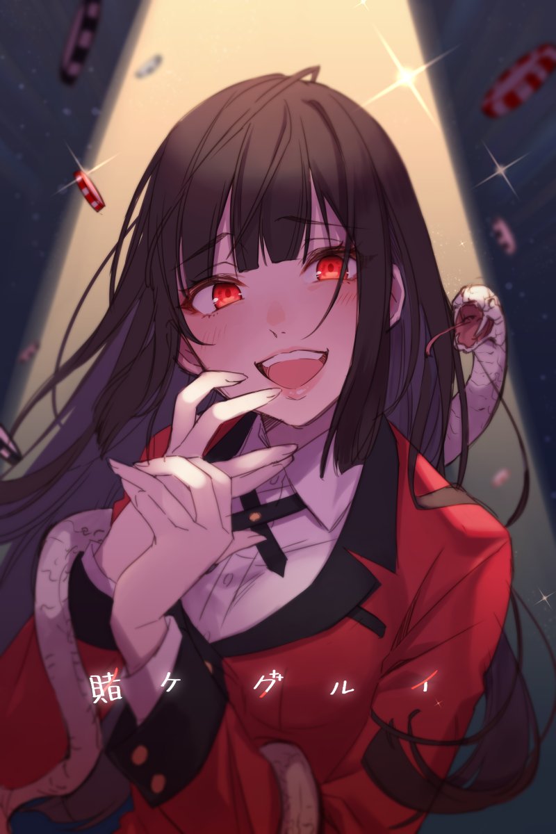 1girl, :d, bangs, black_hair, blunt_bangs, blush, breasts, brown_hair