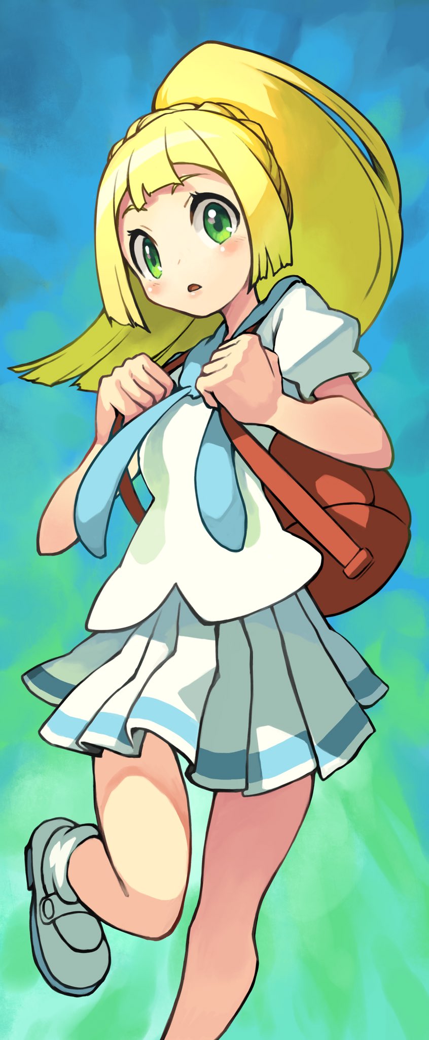 1girl, backpack, bag, blonde_hair, green_eyes, highres, hirokawa_desu, leg_up, lillie_(pokemon), long_hair, open_mouth, pokemon, pokemon_(game), pokemon_sm, ponytail, shirt, short_sleeves, skirt, solo, white_footwear, white_shirt, white_skirt