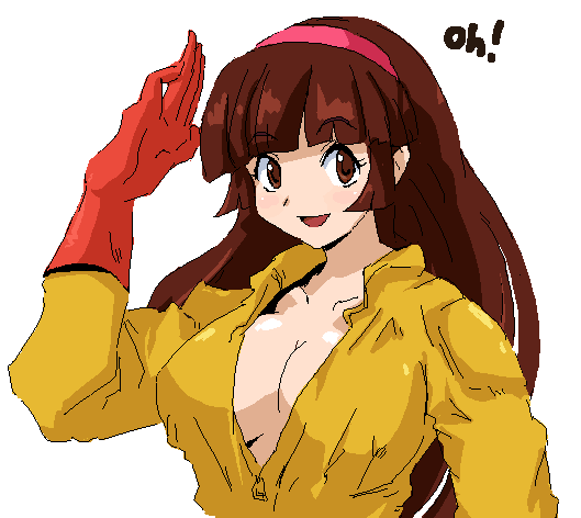 brown_eyes, brown_hair, cleavage, gloves, headband, mazinger_z, oekaki, sima