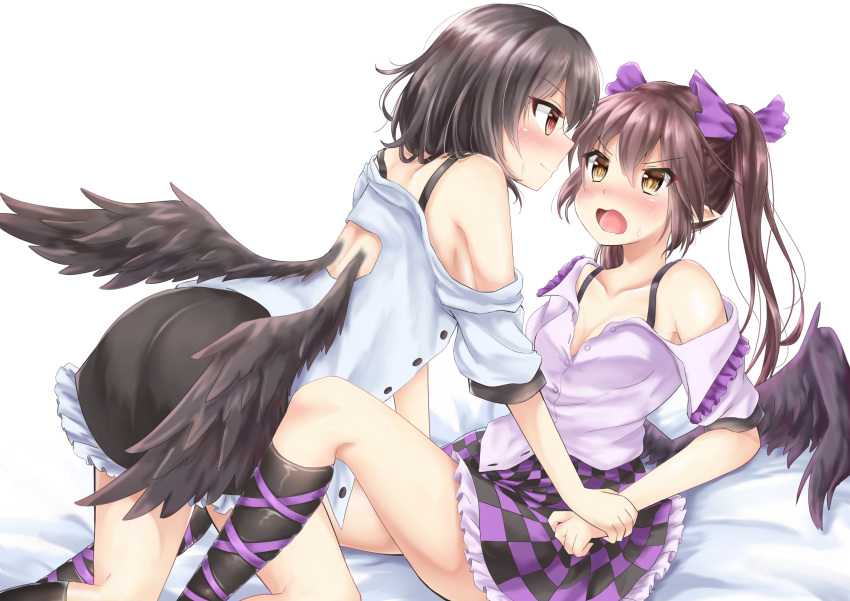 2girls, absurdres, akiteru98, all_fours, ass, back_cutout, bird_wings, black_bra