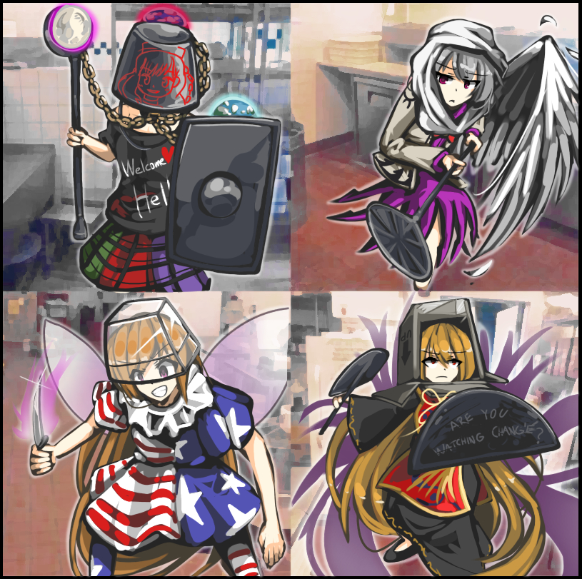 4girls, american_flag_dress, american_flag_legwear, blonde_hair, bucket, bucket_on_head, chains, clownpiece