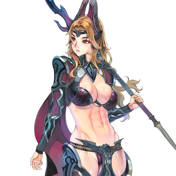 1girl, abs, armor, bikini_armor, blonde_hair, breasts, cleavage, cowboy_shot