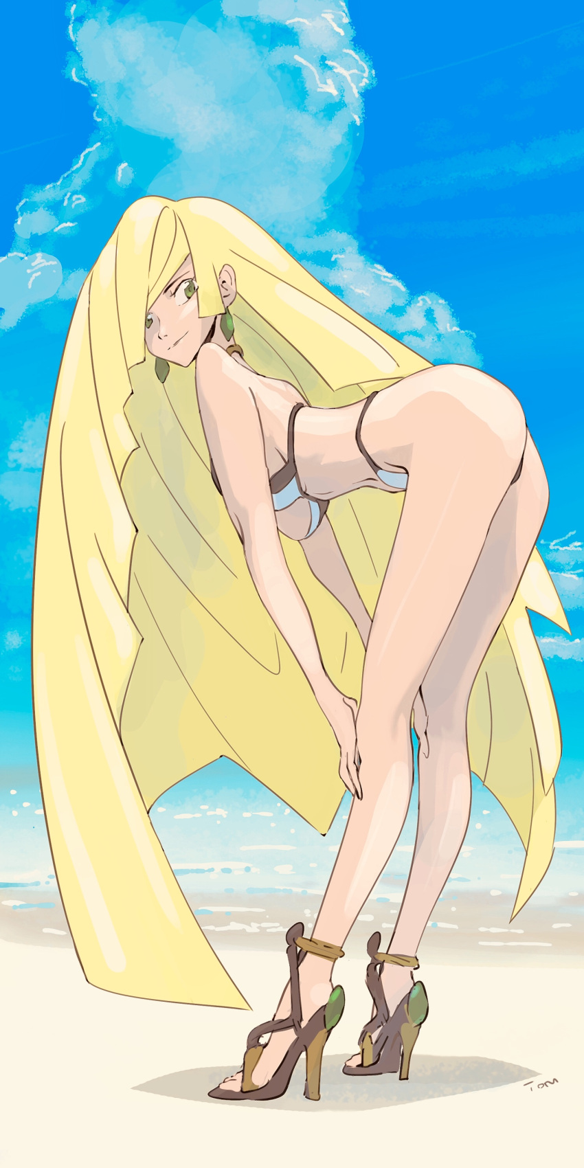 1girl, absurdres, arm_support, ass, beach, bent_over, bikini, blonde_hair, breasts, clouds, earrings, full_body, green_eyes, high_heels, highres, jewelry, long_hair, lusamine_(pokemon), navel, pokemon, pokemon_(game), pokemon_sm, sideboob, sky, smile, solo, standing, summer, swimsuit, tombiiwa, very_long_hair, water