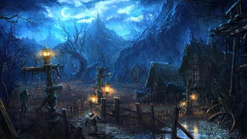 1boy, baraka, castle, clouds, cloudy_sky, concept_art, crescent_moon, facing_away, fantasy, fence, from_behind, hanged, holding, holding_staff, house, lamppost, moon, moonlight, moonworker, mountainous_horizon, night, night_sky, official_art, outdoors, pond, rain, road, scenery, signpost, sky, staff, tera_online, tree, village