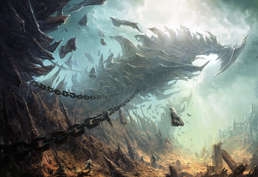 1boy, aman, chains, cliff, clouds, cloudy_sky, concept_art, day
