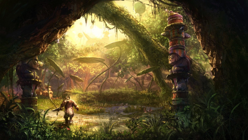 1boy, aman, balloon, concept_art, day, evening, facing_away, forest, frog, from_behind, grass, holding, holding_sword, holding_weapon, light_rays, lily_pad, moonworker, nature, official_art, outdoors, pond, scenery, sunbeam, sunlight, swamp, sword, tent, tera_online, totem_pole, tree, weapon