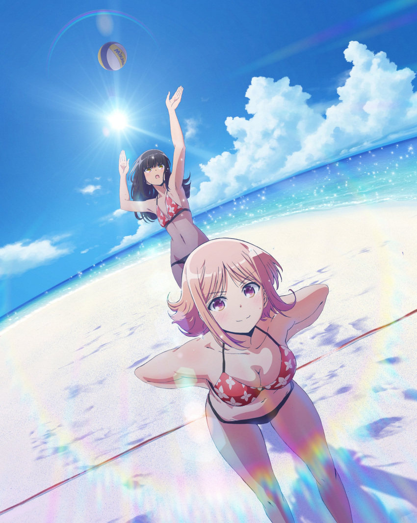 2girls, absurdres, arms_behind_back, arms_up, beach, bikini, black_bikini_bottom, black_hair