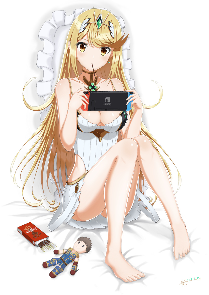1girl, absurdres, barefoot, blonde_hair, breasts, character_doll, cleavage, dated, doll, dress, earrings, food, hair_ornament, highres, mythra_(xenoblade), jewelry, knees_together_feet_apart, knees_up, long_hair, looking_at_viewer, mouth_hold, nintendo_switch, playing_games, pocky, seiryuu_(xenoblade), side_cutout, simple_background, sitting, solo, white_background, white_dress, xenoblade_(series), xenoblade_2, yellow_eyes