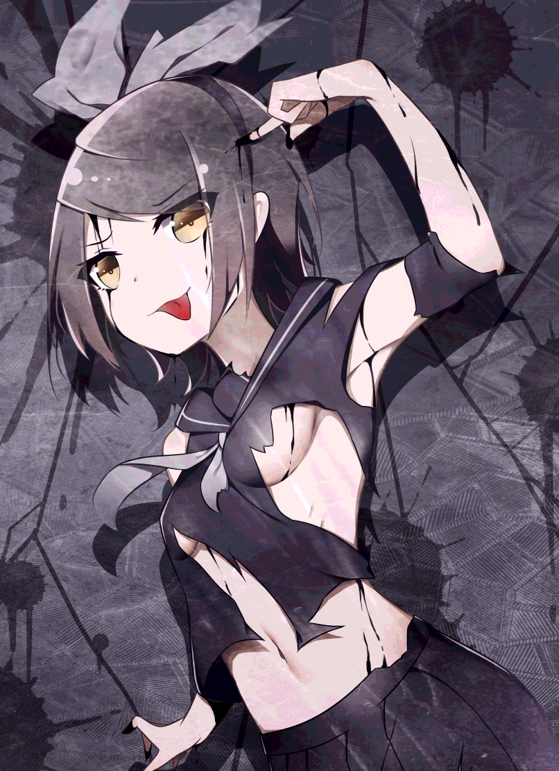 1girl, 3, bangs, black_hairband, black_serafuku, black_shirt, black_skirt, blood