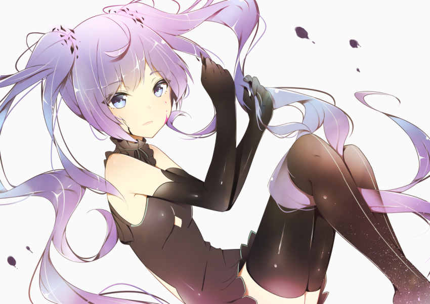 1girl, black_dress, black_gloves, black_legwear, blue_eyes, blue_hair, breasts, choker, dress, elbow_gloves, eyebrows_visible_through_hair, floating_hair, ghost_rule_(vocaloid), giryu, gloves, hatsune_miku, long_hair, looking_at_viewer, parted_lips, shiny, shiny_clothes, shiny_hair, short_dress, simple_background, sleeveless, sleeveless_dress, small_breasts, solo, thigh-highs, twintails, very_long_hair, vocaloid, white_background