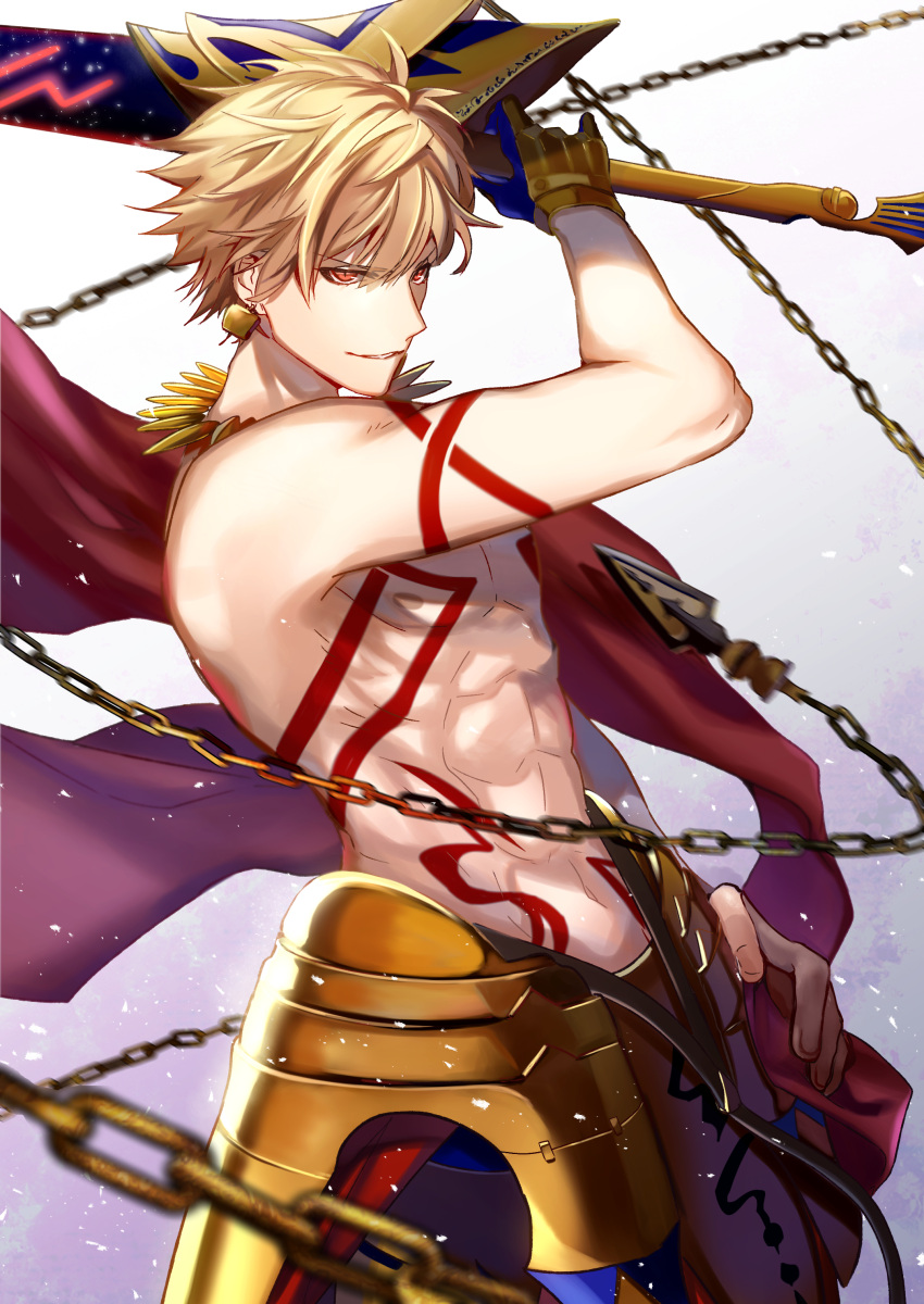 1boy, absurdres, arm_up, blonde_hair, chains, ea_(fate/stay_night), fate_(series), gilgamesh, gradient, gradient_background, grey_background, hair_between_eyes, hand_on_hip, highres, holding, holding_sword, holding_weapon, parted_lips, red_eyes, smile, solo, spiky_hair, sword, tarao_(13raven), weapon