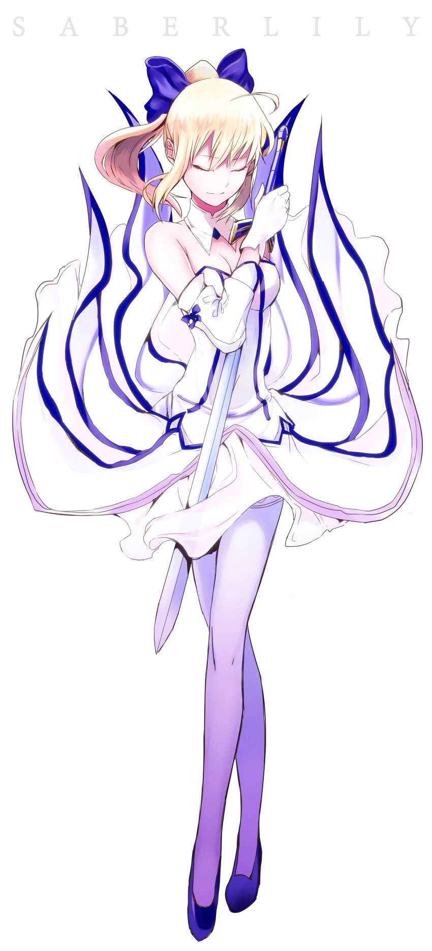 1girl, absurdres, ahoge, artoria_pendragon_(all), blonde_hair, blue_bow, blue_footwear, bow