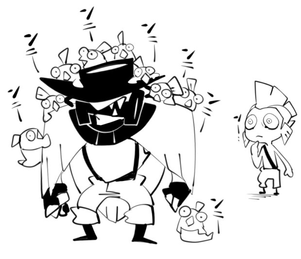 2boys, :<>, bare_chest, boots, chum_(splatoon), clenched_teeth, fishman, greyscale