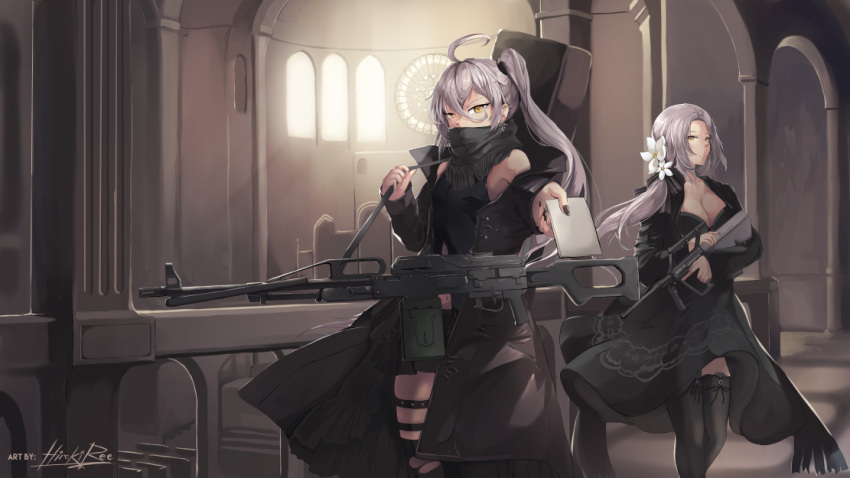 1girl, ahoge, alternate_color, assault_rifle, bangs, black_dress, black_gloves, black_nails, breasts, bullpup, church, cleavage, closed_mouth, coat, collarbone, covered_mouth, date, dress, expressionless, eyebrows_visible_through_hair, flower, girls_frontline, gloves, gun, hair_between_eyes, hair_flower, hair_ornament, hair_ribbon, hiroki_ree, holding, holding_gun, holding_weapon, indoors, jacket, long_hair, looking_at_viewer, machine_gun, mole, mole_under_eye, multiple_girls, nail_polish, orange_eyes, pkp_(girls_frontline), pkp_pecheneg, presenting, ribbon, rifle, side_ponytail, sidelocks, signature, silver_hair, skindentation, steyr_aug, steyr_aug_(girls_frontline), thigh-highs, thigh_strap, trigger_discipline, tsurime, vertical_foregrip, very_long_hair, weapon, yellow_eyes