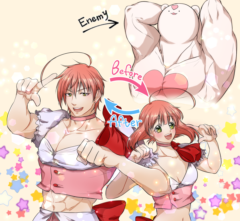 1boy, 1girl, :d, abs, ahoge, arms_behind_head, blush, breasts