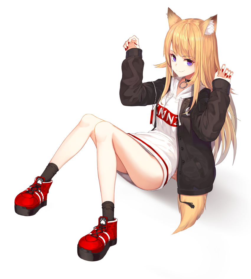 1girl, absurdres, animal_ears, arms_up, bare_legs, black_jacket, blonde_hair, blue_eyes, dog_ears, dog_tail, full_body, highres, hood, hood_down, hoodie, jacket, kmnz_lita, long_hair, mc_lita, nail_polish, panties, pantyshot, pantyshot_(sitting), paw_print, red_footwear, red_nails, simple_background, sitting, smile, sugar_(dndi888), tail, underwear, virtual_youtuber, white_background