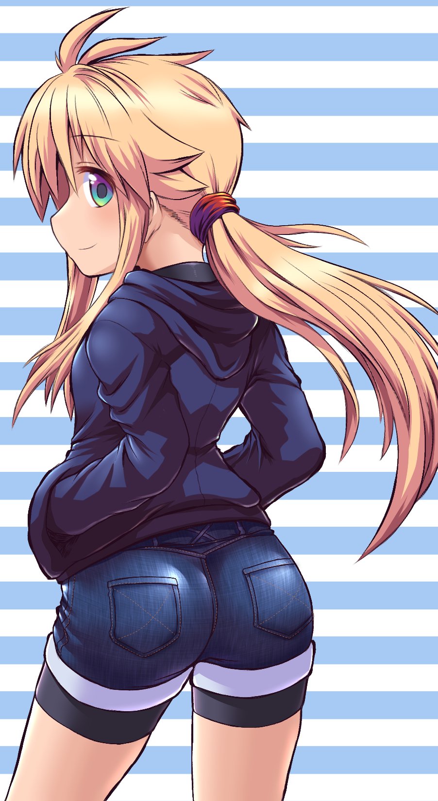1girl, antenna_hair, ass, bangs, bike_shorts, bike_shorts_under_shorts, black_hoodie, black_shorts