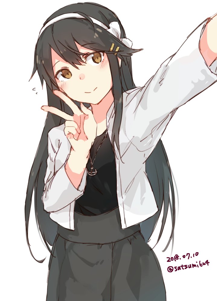 1girl, 2018, alternate_costume, anchor_symbol, black_hair, black_shirt, brown_eyes, cowboy_shot