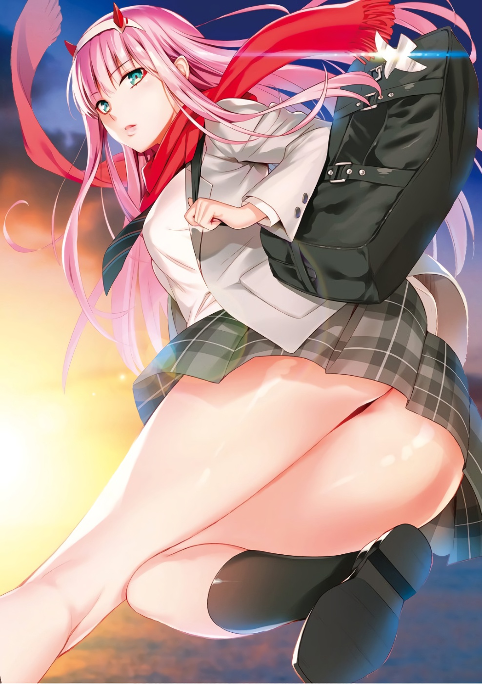 1girl, ass, ass_focus, bag, bangs, black_footwear, black_legwear, black_neckwear