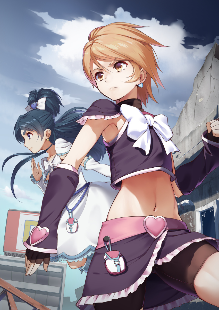 2girls, absurdres, arm_warmers, armpits, belt, bike_shorts, black_gloves, black_hair