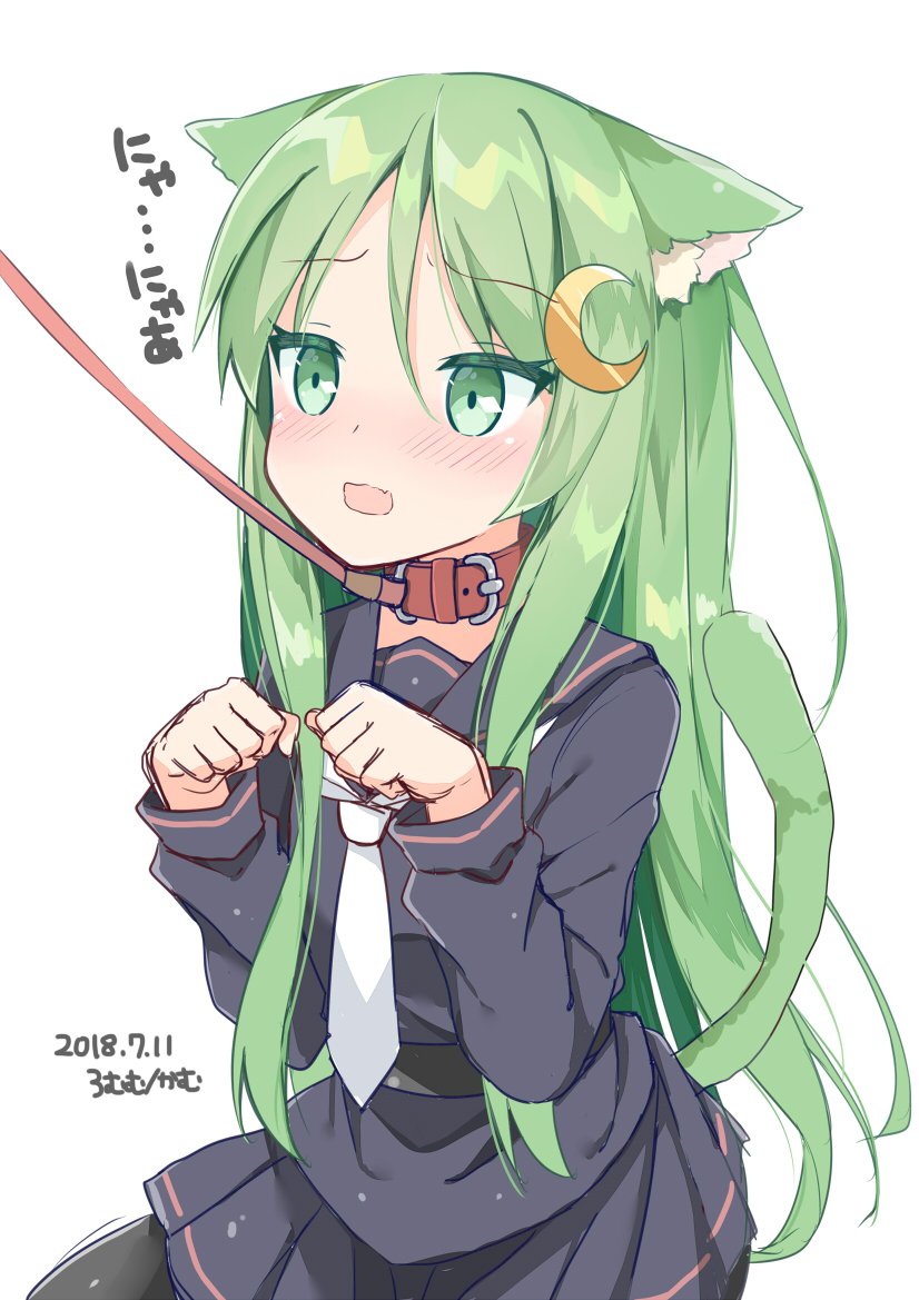 animal_ears, black_belt, black_legwear, black_skirt, blush, cat_ears, cat_tail, collar