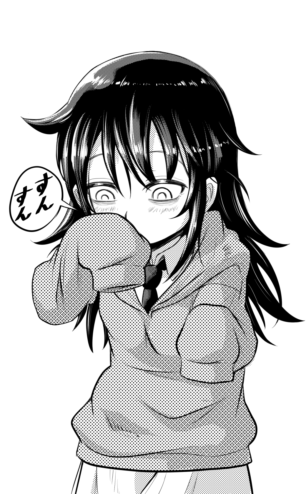 1girl, bags_under_eyes, black_hair, blush, borrowed_garments, clothes_sniffing, commentary_request, highres