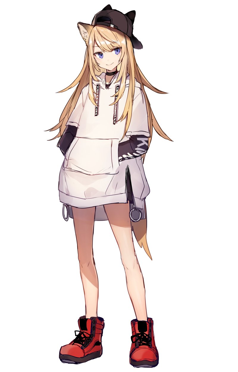 1girl, animal_ears, backwards_hat, bare_legs, baseball_cap, blonde_hair, dog_ears, dog_tail