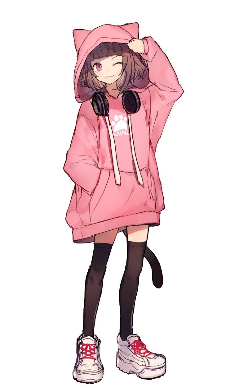 1girl, ;3, black_legwear, brown_hair, cat_tail, earphones, full_body, hand_in_pocket, highres, hood, hood_up, hoodie, kmnz_liz, kmnz_liz_(character), long_sleeves, no_pants, oversized_clothes, paw_print, pink_hoodie, shugao, simple_background, sleeves_past_wrists, tail, thigh-highs, virtual_youtuber, white_background, white_footwear