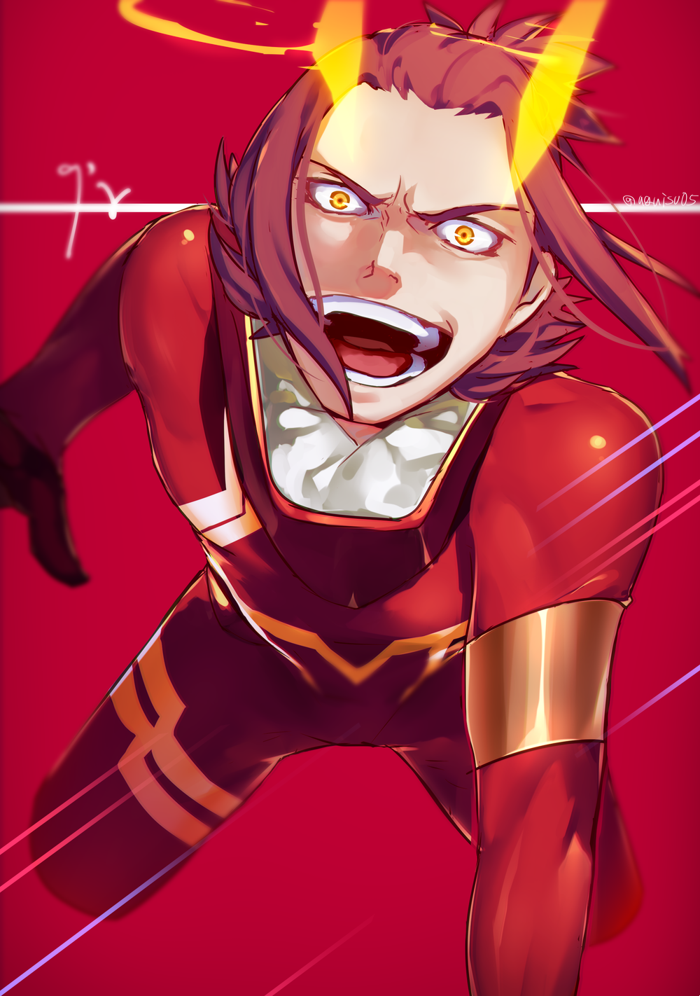 1boy, bodysuit, character_name, darling_in_the_franxx, half_updo, highres, male_focus, nine_gamma, open_mouth, pilot_suit, red_background, red_bodysuit, redhead, simple_background, solo, transparent_horns, twitter_username, uguisu_(ryu), yellow_eyes