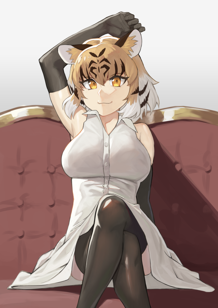 1girl, :3, alternate_costume, animal_ears, animal_print, bare_shoulders, black_hair, cinko17817, collared_dress, commentary, dress, elbow_gloves, eyebrows_visible_through_hair, gloves, kemono_friends, legs_crossed, multicolored_hair, orange_hair, short_hair, sitting, sleeveless, sleeveless_dress, solo, thigh-highs, tiger_(kemono_friends), tiger_ears, tiger_print, white_dress, white_hair