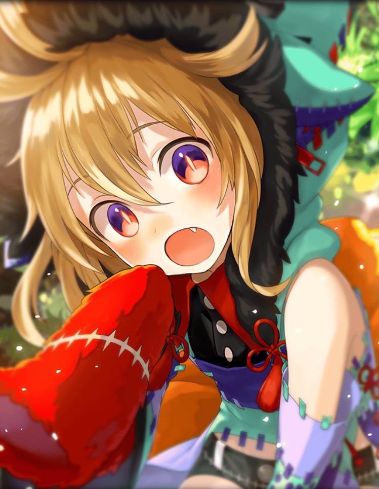 artist_request, blonde_hair, blush, fang, grass, hood, hoodie, messy_hair, multicolored, multicolored_eyes, official_art, open_mouth, phantom_of_the_kill, short_shorts, shorts, shu_(phantom_of_the_kill)
