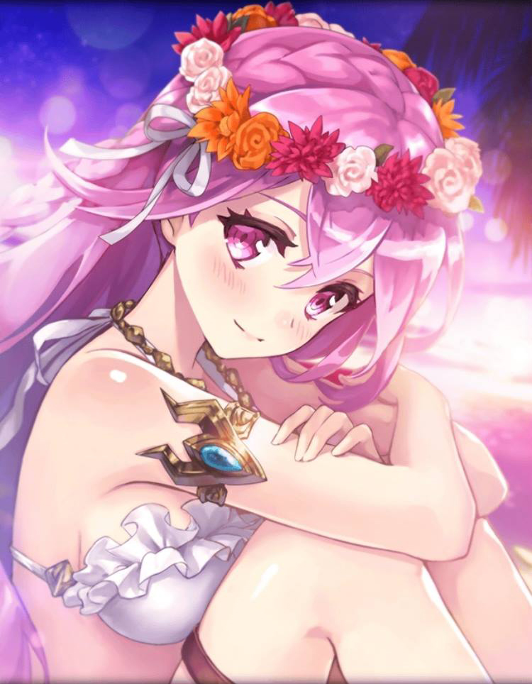 1girl, arms_on_knees, artist_request, bikini, blush, braid, breasts, hair_ornament