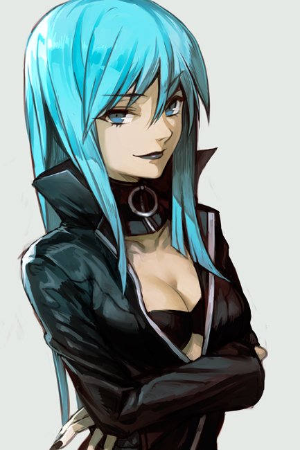 1girl, black_nails, blue_eyes, blue_hair, bodysuit, breasts, center_opening, cleavage