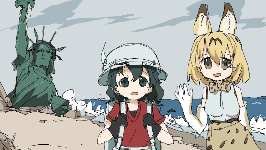 2girls, animal_ears, backpack, bag, black_eyes, hat_feather, helmet, highres, kaban_(kemono_friends), kemono_friends, looking_at_viewer, multiple_girls, photo, pith_helmet, planet_of_the_apes, red_shirt, serval_(kemono_friends), serval_ears, serval_print, serval_tail, shirt, smile, statue, statue_of_liberty, tail, tsukumizu_yuu, waving