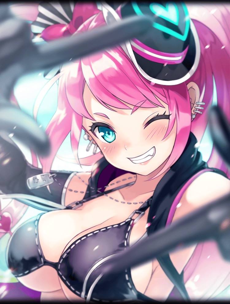 1girl, aqua_eyes, artist_request, black_bikini_top, black_gloves, black_killers_(phantom_of_the_kill), breasts, cleavage