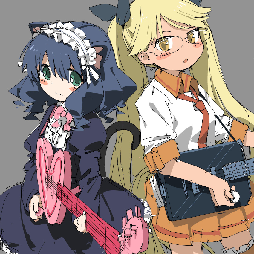 2girls, :3, absurdres, animal_ears, back-to-back, blush_stickers, cat_ears, cat_girl