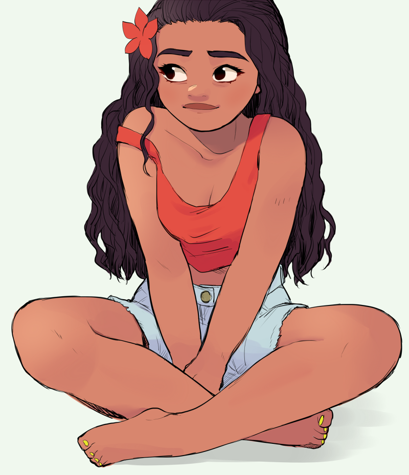 1girl, bare_arms, bare_legs, bare_shoulders, between_legs, black_eyes, black_hair, curly_hair