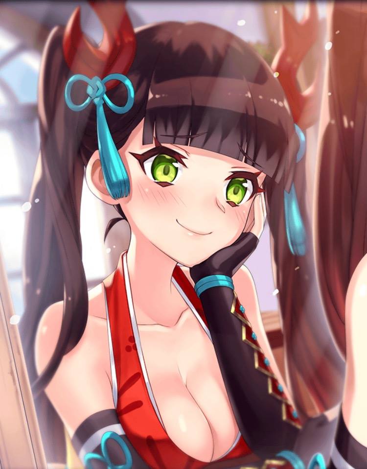artist_request, blush, breasts, cleavage, elbow_gloves, fingerless_gloves, gloves, green_eyes, hair_ornament, hand_on_own_face, large_breasts, mirror, official_art, phantom_of_the_kill, reflection, ribbon, smile, tonbokiri_(phantom_of_the_kill), twintails, window